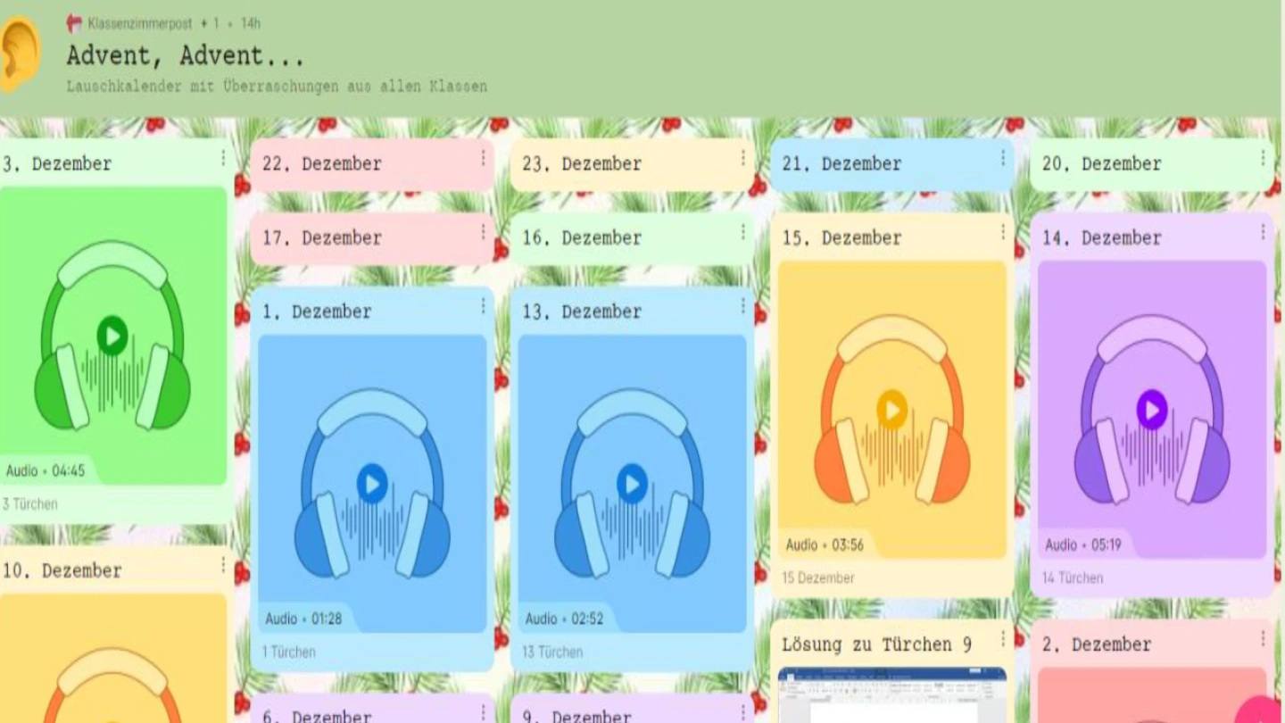 Beispielhafter Ausschnitt eines Hörkalenders in Form einer digitalen Pinnwand
