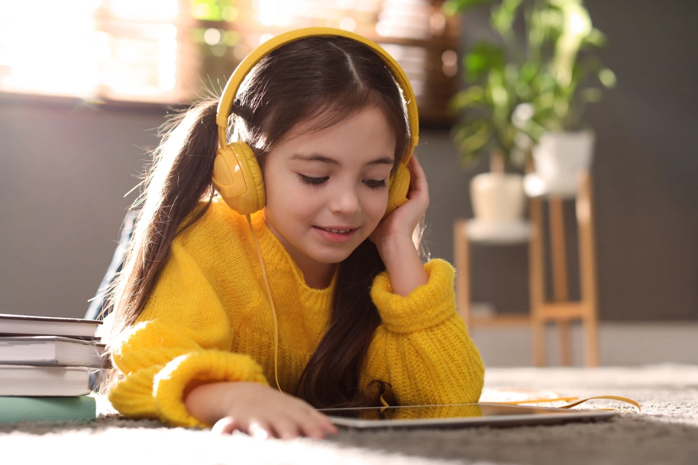 Mädchen mit gelbem Pulli liegt auf dem Boden und hört mit Kopfhörern etwas auf ihrem Tablet an