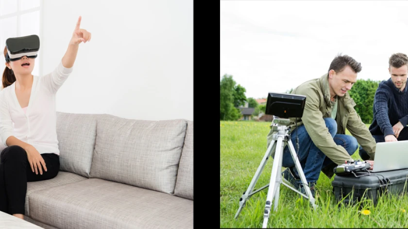 Zwei Bilder horizontal nebeneinander. Links zwei Frauen auf der Couch davon eine mit VR-Brille, rechts zwei Männer auf der Wiese mit einer großen Drohne