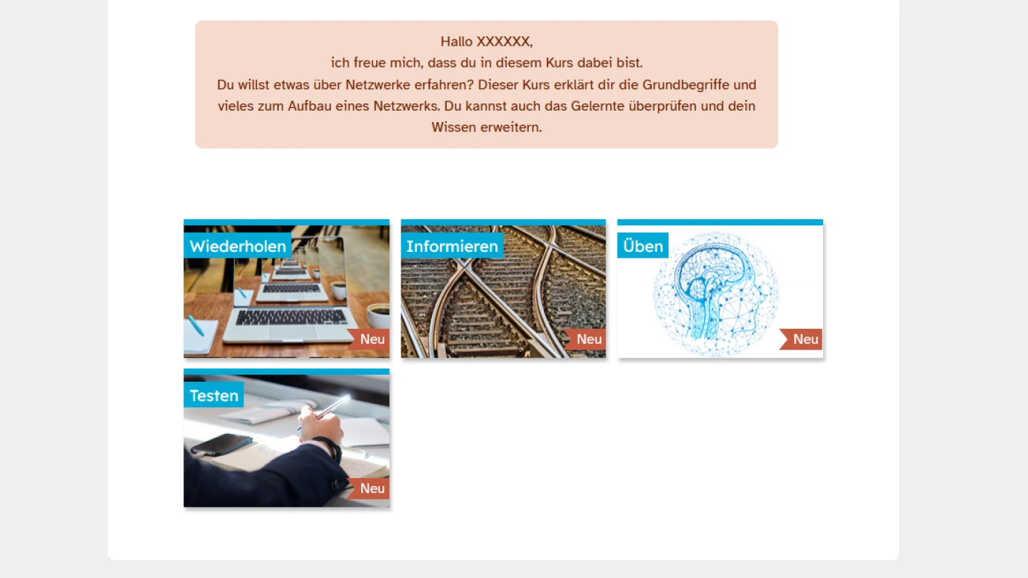 Screenshot der Kurs-Startseite mit Begrüßungstext und Abschnittskacheln